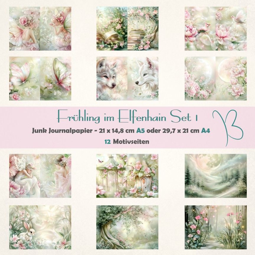 Frühling im Elfenhain Set 1 - A4 oder A5 - Junk Journal Seiten - quer - 12 Seiten