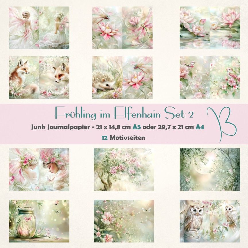Frühling im Elfenhain Set 2  - A4 oder A5 - Junk Journal Seiten - quer - 12 Seiten