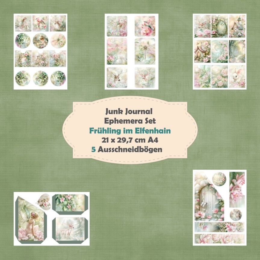 Frühling im Elfenhain - Ephemera Set - Ausschneidebögen - Junk Journal - A4 -  5 Seiten