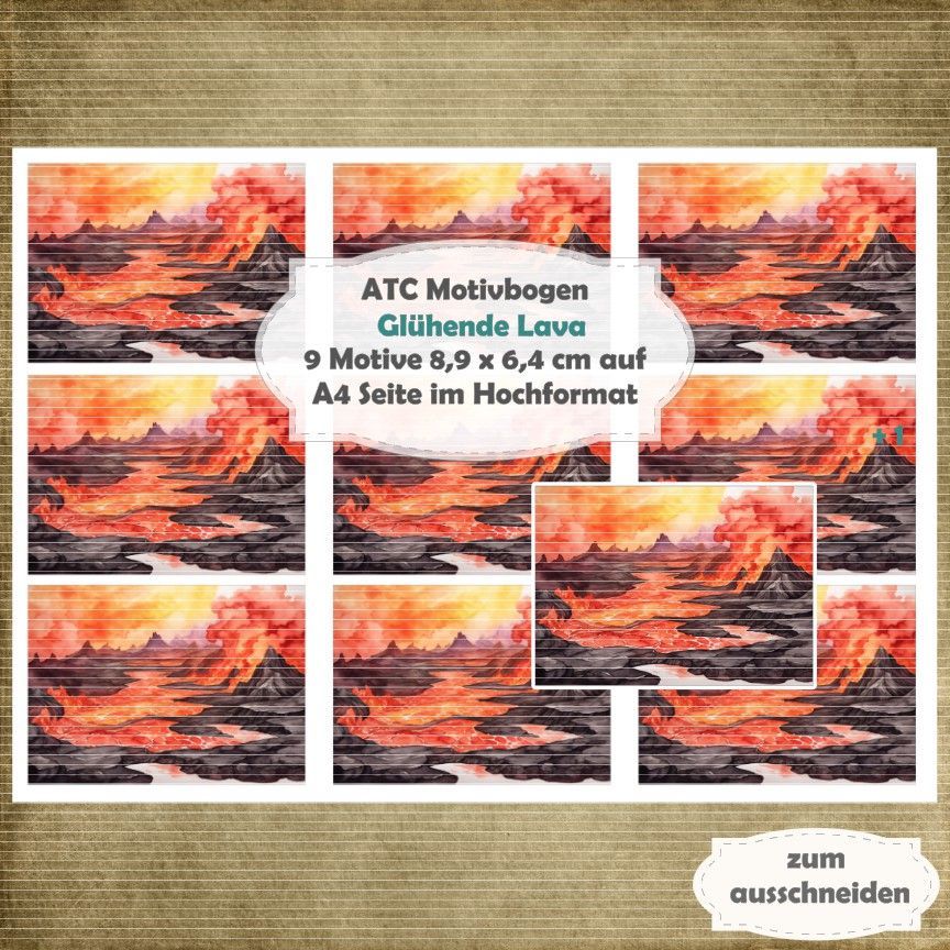Glühende Lava - ATC Motivbogen - A4 Hochformat - 1 Seite mit 9 Motiven