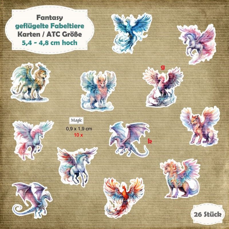 Geflügelte Fabeltiere - Karten / ATC Größe - 12 Stanzteile - Die Cut Geflügelte Fabeltiere - Karten / ATC Größe - 12 Stanzteile - Die Cut