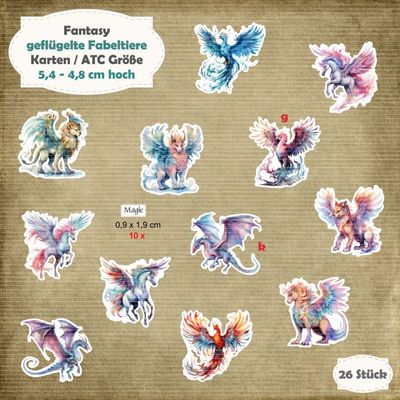 Geflügelte Fabeltiere - Karten / ATC Größe - 12 Stanzteile - Die Cut Geflügelte Fabeltiere - Karten / ATC Größe - 12 Stanzteile - Die Cut