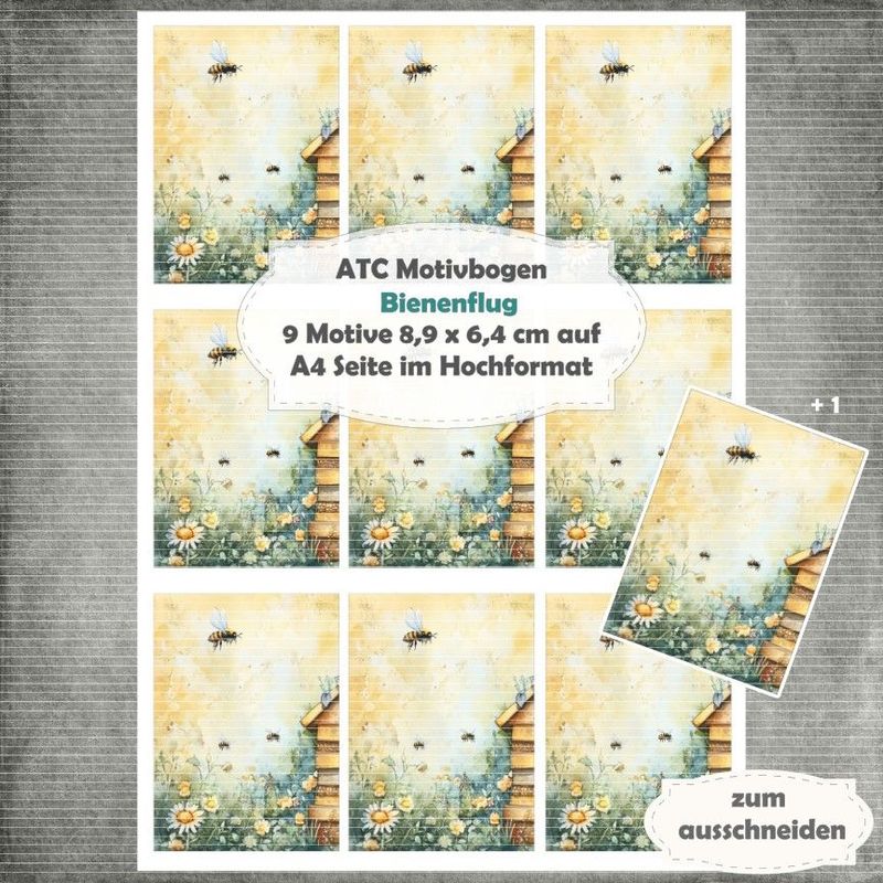 Bienenflug - ATC Motivbogen - A4 Hochformat - 1 Seite mit 9 Motiven Bienenflug - ATC Motivbogen - A4 Hochformat - 1 Seite mit 9 Motiven