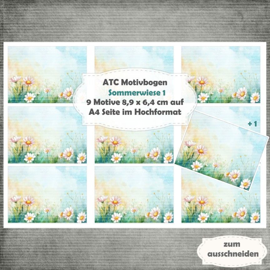 Sommerwiese 1 - ATC Motivbogen - A4 Hochformat - 1 Seite mit 9 Motiven