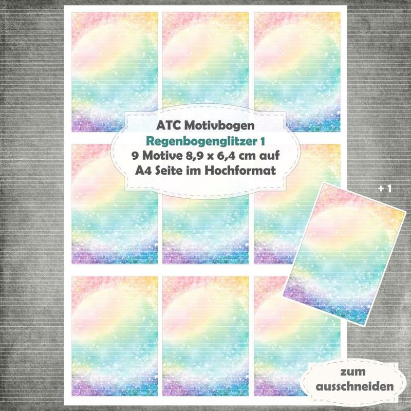 Regenbogenglitzer 1 - ATC Motivbogen - A4 Hochformat - 1 Seite mit 9 Motiven Regenbogenglitzer 1 - ATC Motivbogen - A4 Hochformat - 1 Seite mit 9 Motiven