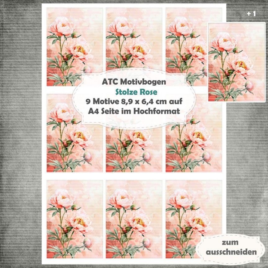 Stolze Rose - ATC Motivbogen - A4 Hochformat - 1 Seite mit 9 Motiven