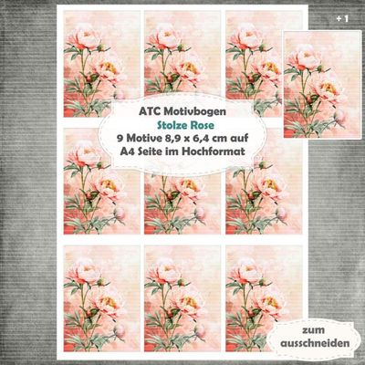 Stolze Rose - ATC Motivbogen - A4 Hochformat - 1 Seite mit 9 Motiven Stolze Rose - ATC Motivbogen - A4 Hochformat - 1 Seite mit 9 Motiven