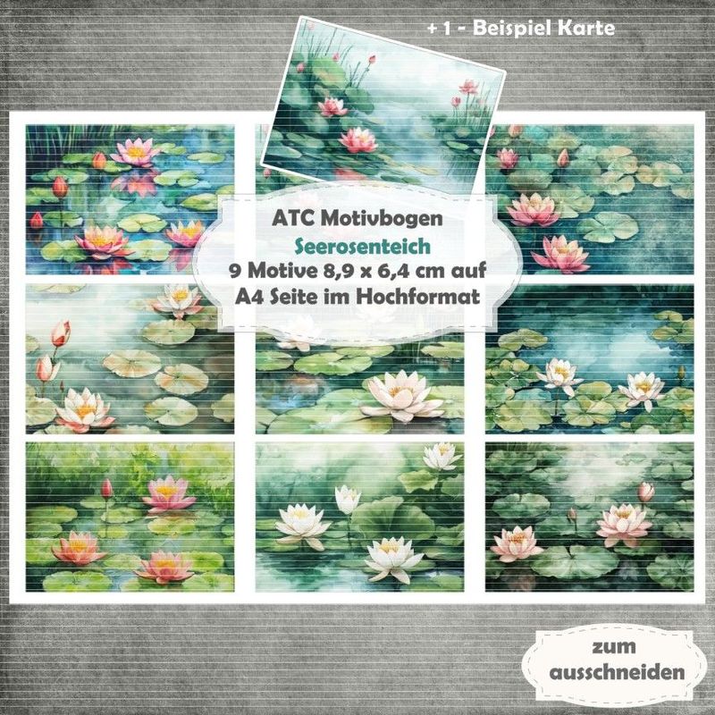 Seerosenteich - ATC Motivbogen - A4 Hochformat - 1 Seite mit 9 Motiven Seerosenteich - ATC Motivbogen - A4 Hochformat - 1 Seite mit 9 Motiven