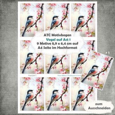 Vogel auf Ast 1 - ATC Motivbogen - A4 Hochformat - 1 Seite mit 9 Motiven Vogel auf Ast 1 - ATC Motivbogen - A4 Hochformat - 1 Seite mit 9 Motiven