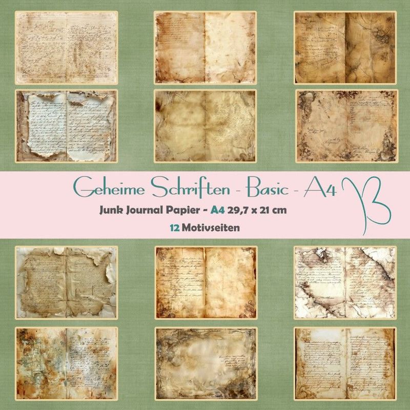Geheime Schriften - Basic - A4 - Junk Journal Papier - quer - 12 Seiten Geheime Schriften - Basic - A4 - Junk Journal Papier - quer - 12 Seiten