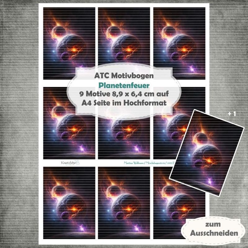 Planetenfeuer 1 - ATC Motivbogen - A4 Hochformat - 1 Seite mit 9 Motiven Planetenfeuer 1 - ATC Motivbogen - A4 Hochformat - 1 Seite mit 9 Motiven