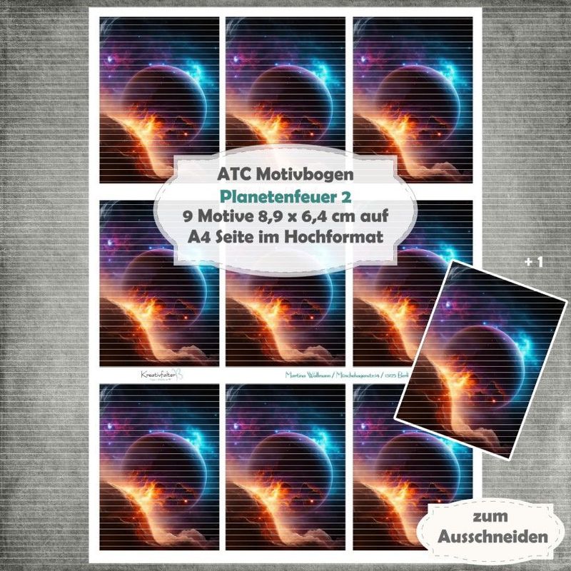 Planetenfeuer 2 - ATC Motivbogen - A4 Hochformat - 1 Seite mit 9 Motiven Planetenfeuer 2 - ATC Motivbogen - A4 Hochformat - 1 Seite mit 9 Motiven