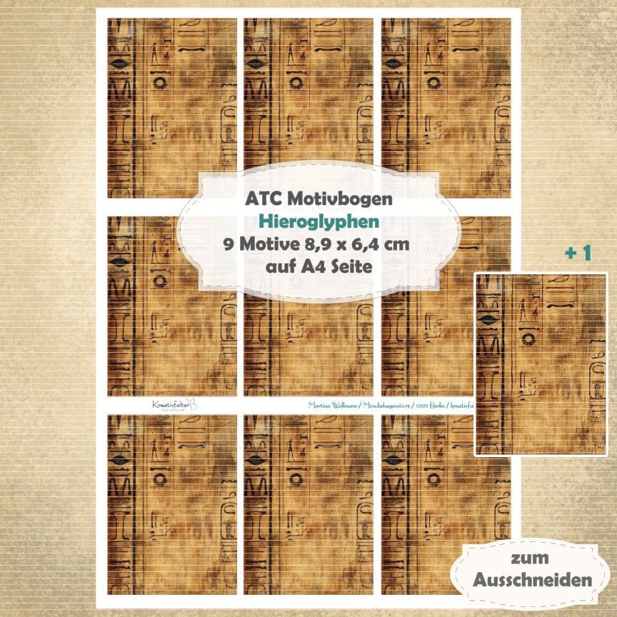 Hieroglyphen - ATC Motivbogen - A4 Hochformat - 1 Seite mit 9 Motiven