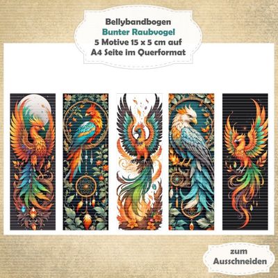 Bunter Raubvogel - Bellybandbogen - Lesezeichen - A4 quer - 1 Seite mit 5 Motiven Bunter Raubvogel - Bellybandbogen - Lesezeichen - A4 quer - 1 Seite mit 5 Motiven