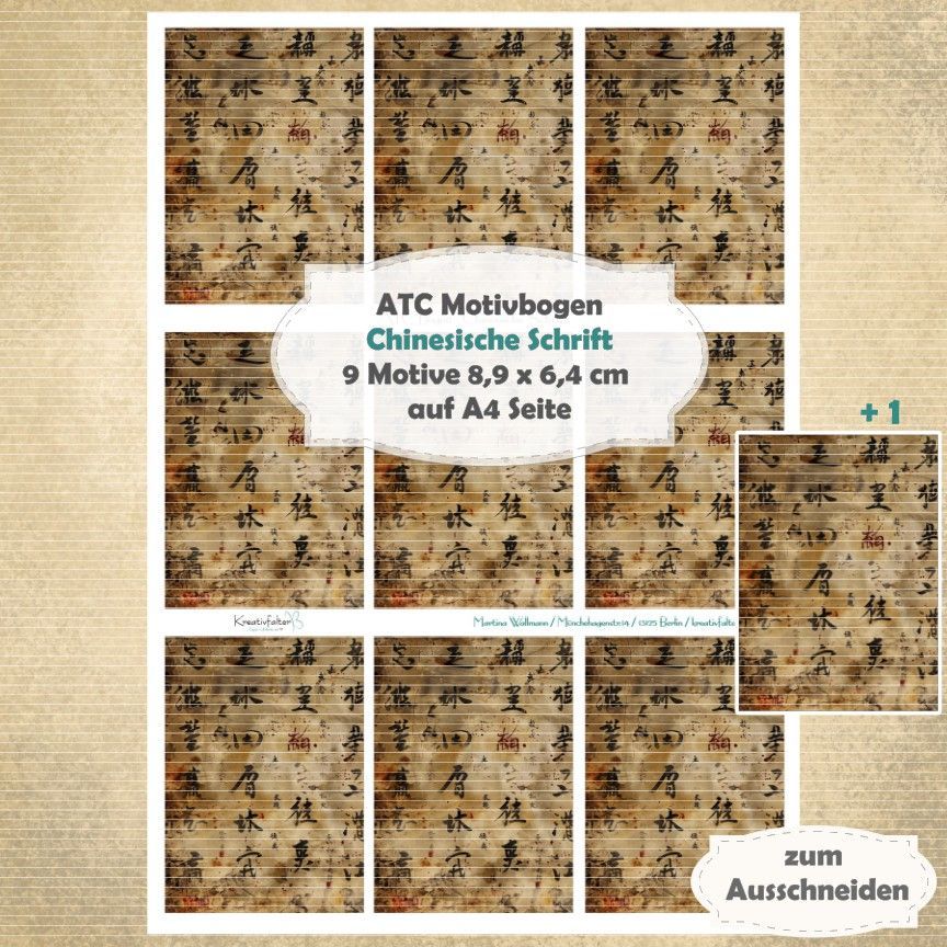 Chinesische Schrift - ATC Motivbogen - A4 Hochformat - 1 Seite mit 9 Motiven