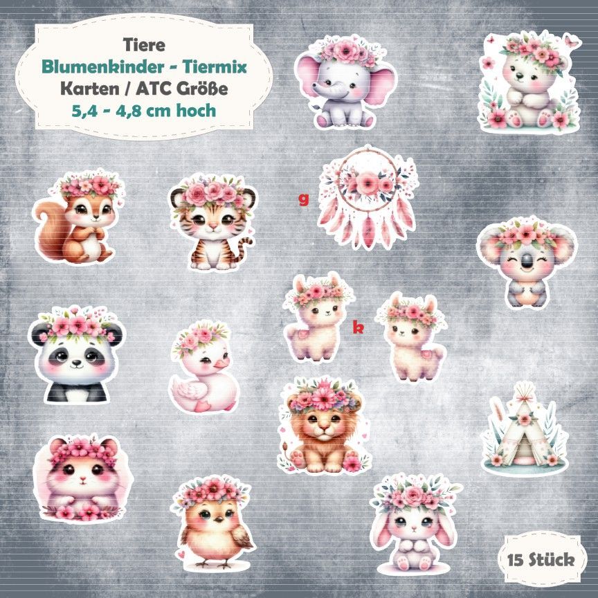 Blumenkinder - Tiermix - Karten / ATC Größe - 15 Stanzteile - Die Cut