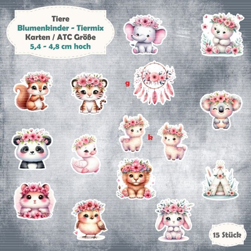 Blumenkinder - Tiermix - Karten / ATC Größe - 15 Stanzteile - Die Cut Blumenkinder - Tiermix - Karten / ATC Größe - 15 Stanzteile - Die Cut