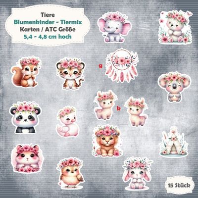 Blumenkinder - Tiermix - Karten / ATC Größe - 15 Stanzteile - Die Cut Blumenkinder - Tiermix - Karten / ATC Größe - 15 Stanzteile - Die Cut