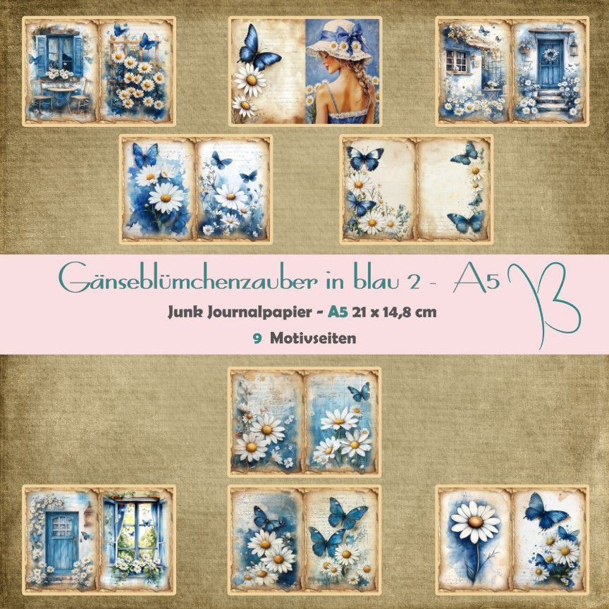 Gänseblümchenzauber in blau 2 - Junk Journal Seiten - A5 quer - 9 Seiten