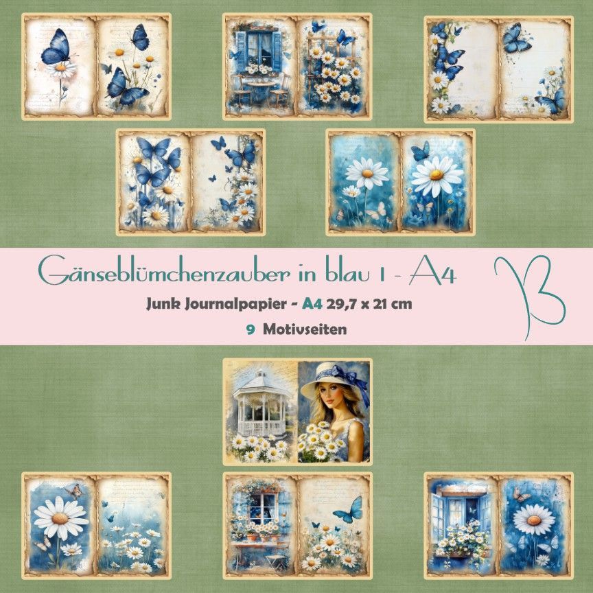 Gänseblümchenzauber in blau 1 - A4 - Junk Journal Seiten - quer - 9 Seiten