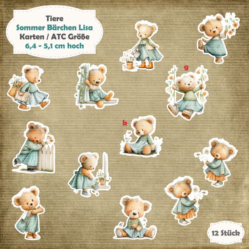 Sommer Bärchen Lisa - Karten / ATC Größe - 12 Stanzteile - Die Cut