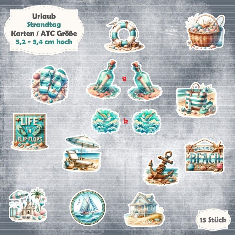 Strandtag - Urlaub - Karten / ATC Größe - 15 Stanzteile - Die Cut Strandtag - Urlaub - Karten / ATC Größe - 15 Stanzteile - Die Cut