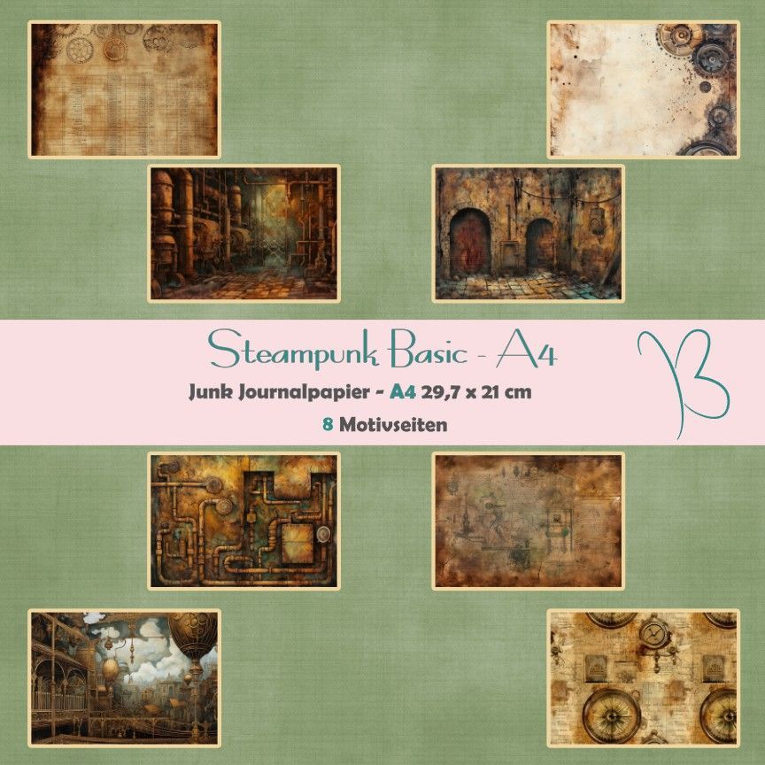 Steampunk Basic - A4 - Junk Journal Seiten - quer - 8 Seiten