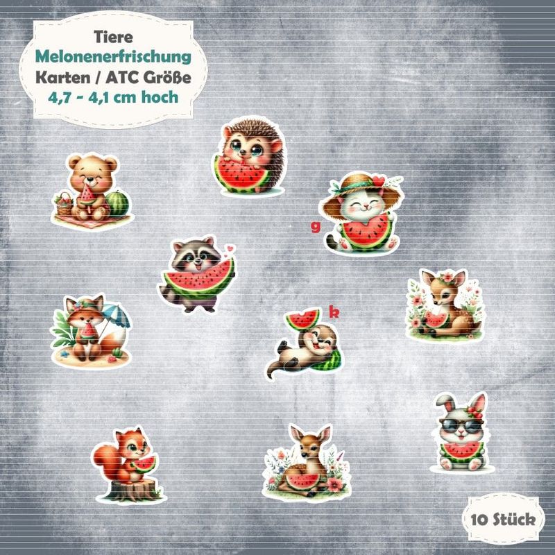 Melonenerfrischung - Tiermix - Karten / ATC Größe - 10 Stanzteile - Die Cut Melonenerfrischung - Tiermix - Karten / ATC Größe - 10 Stanzteile - Die Cut