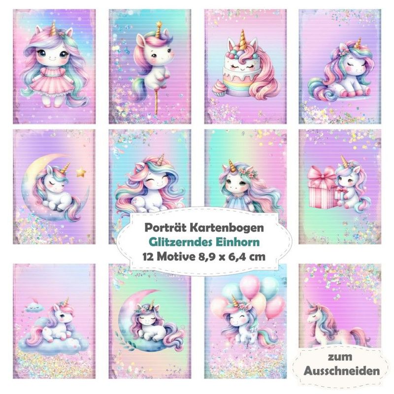 Glitzerndes Einhorn - Porträt Kartenbogen - 12 Inch - mit 12 Motiven Glitzerndes Einhorn - Porträt Kartenbogen - 12 Inch - mit 12 Motiven