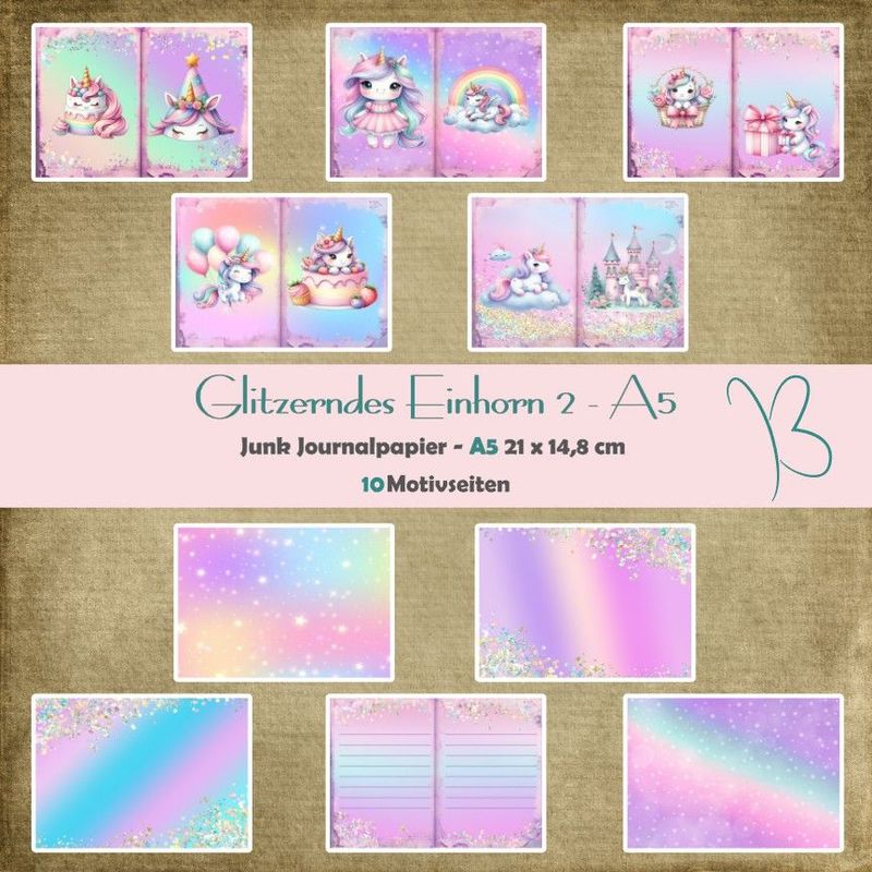 Glitzerndes Einhorn 2 - Junk Journal Seiten - A5 quer - 10 Seiten Glitzerndes Einhorn 2 - Junk Journal Seiten - A5 quer - 10 Seiten