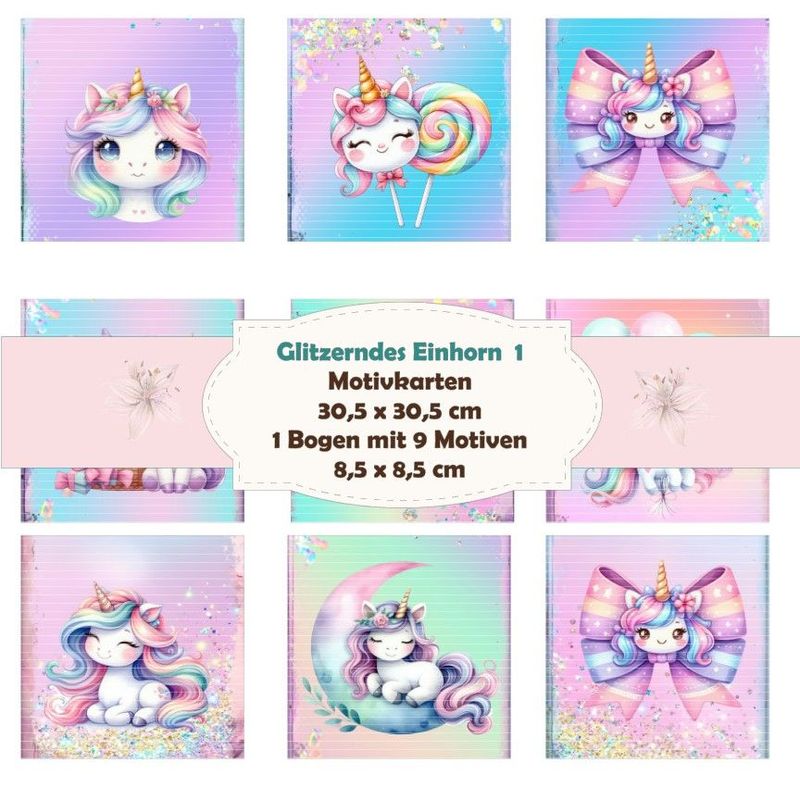 Glitzerndes Einhorn - Motivkarten - 8,5 x 8,5 cm - 9 Motive - 1 Bogen Glitzerndes Einhorn - Motivkarten - 8,5 x 8,5 cm - 9 Motive - 1 Bogen