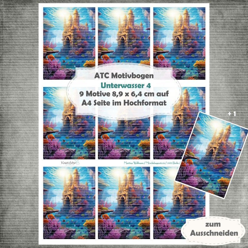 Unterwasser  4 - ATC Motivbogen - A4 Hochformat - 1 Seite mit 9 Motiven