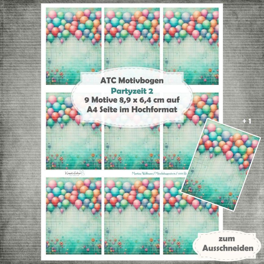 Partyzeit 2 - ATC Motivbogen - A4 Hochformat - 1 Seite mit 9 Motiven