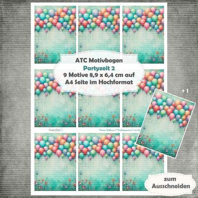 Partyzeit 2 - ATC Motivbogen - A4 Hochformat - 1 Seite mit 9 Motiven