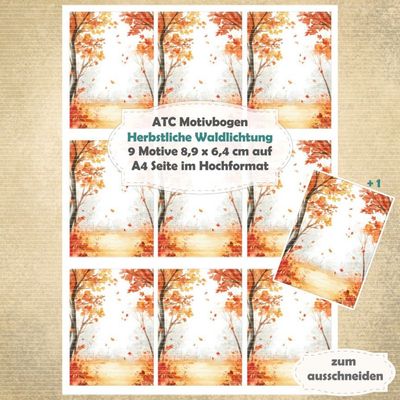 Herbstliche Waldlichtung - ATC Motivbogen - A4 Hochformat - 1 Seite mit 9 Motiven