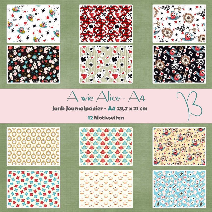 A wie Alice - A4 - Junk Journal Seiten - quer - 12 Seiten