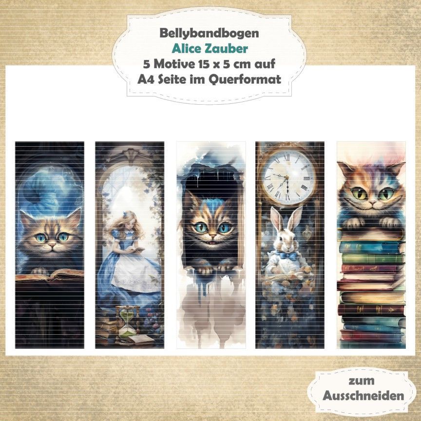 Alice Zauber -  Bellybandbogen - Lesezeichen - A4 quer - 1 Seite mit 5 Motiven