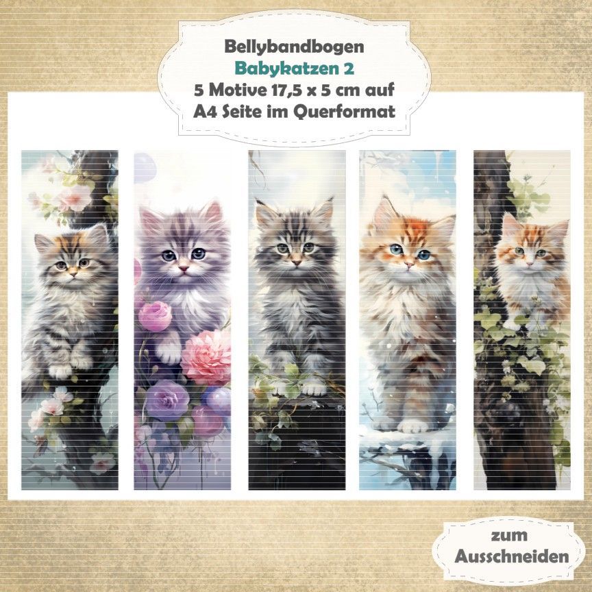 Babykatzen 2 -  Bellybandbogen - Lesezeichen - A4 quer - 1 Seite mit 5 Motiven