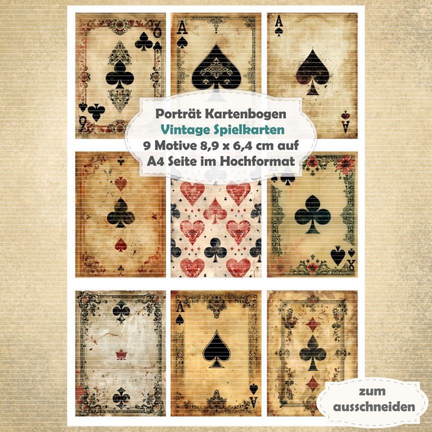 Vintage Spielkarten - Porträt Kartenbogen - A4 Hochformat - 1 Seite mit 9 Motiven