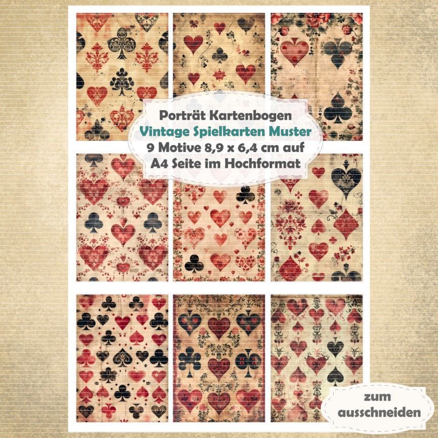 Vintage Spielkarten Muster - Porträt Kartenbogen - A4 Hochformat - 1 Seite mit 9 Motiven