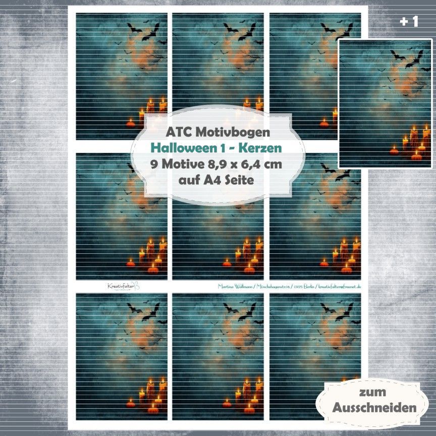 Halloween 1 - Kerzen - ATC Motivbogen - A4 Hochformat - 1 Seite mit 9 Motiven