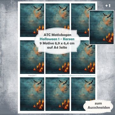 Halloween 1 - Kerzen - ATC Motivbogen - A4 Hochformat - 1 Seite mit 9 Motiven