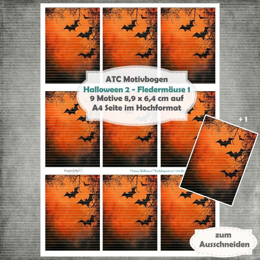 Halloween 2  - Fledermäuse 1 - ATC Motivbogen - A4 Hochformat - 1 Seite mit 9 Motiven