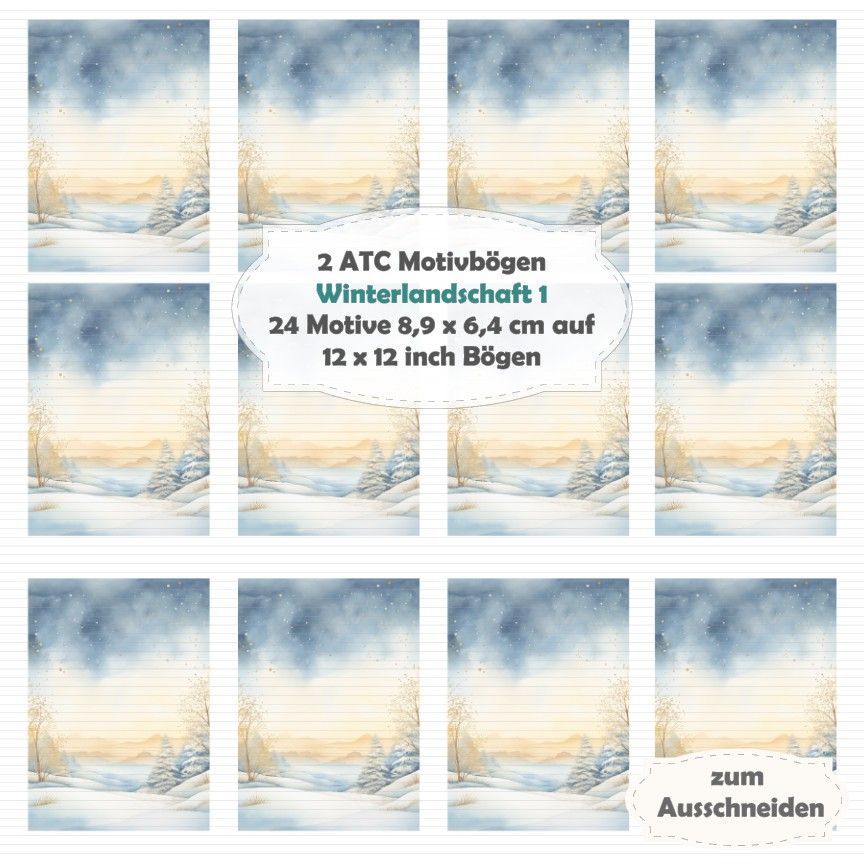 Winterlandschaft 1 - 2 ATC Motivbögen - 12x12 Inch - 1 Seite mit 12 Motiven