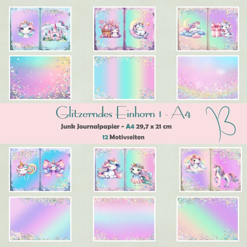 Glitzerndes Einhorn 1 - A4 - Junk Journal Seiten - quer - 12 Seiten