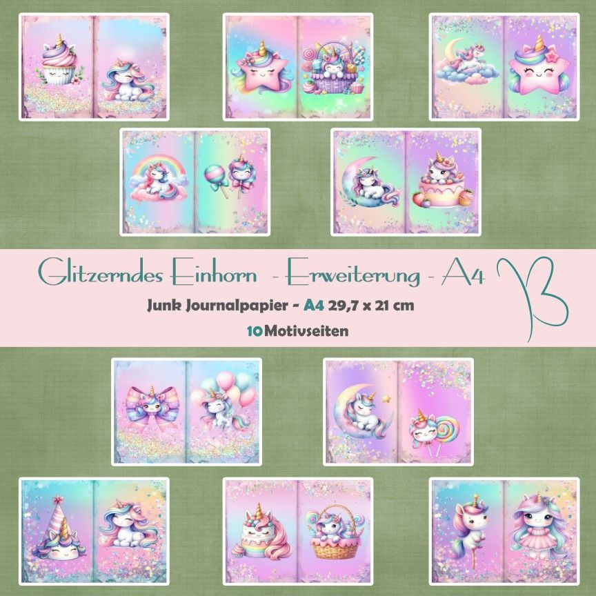 Glitzerndes Einhorn - Erweiterung  - A4 - Junk Journal Seiten - quer - 10 Seiten