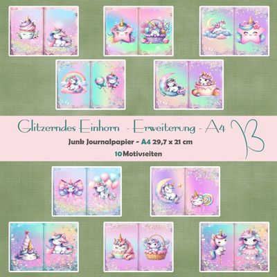 Glitzerndes Einhorn - Erweiterung - A4 - Junk Journal Seiten - quer - 10 Seiten Glitzerndes Einhorn - Erweiterung - A4 - Junk Journal Seiten - quer - 10 Seiten