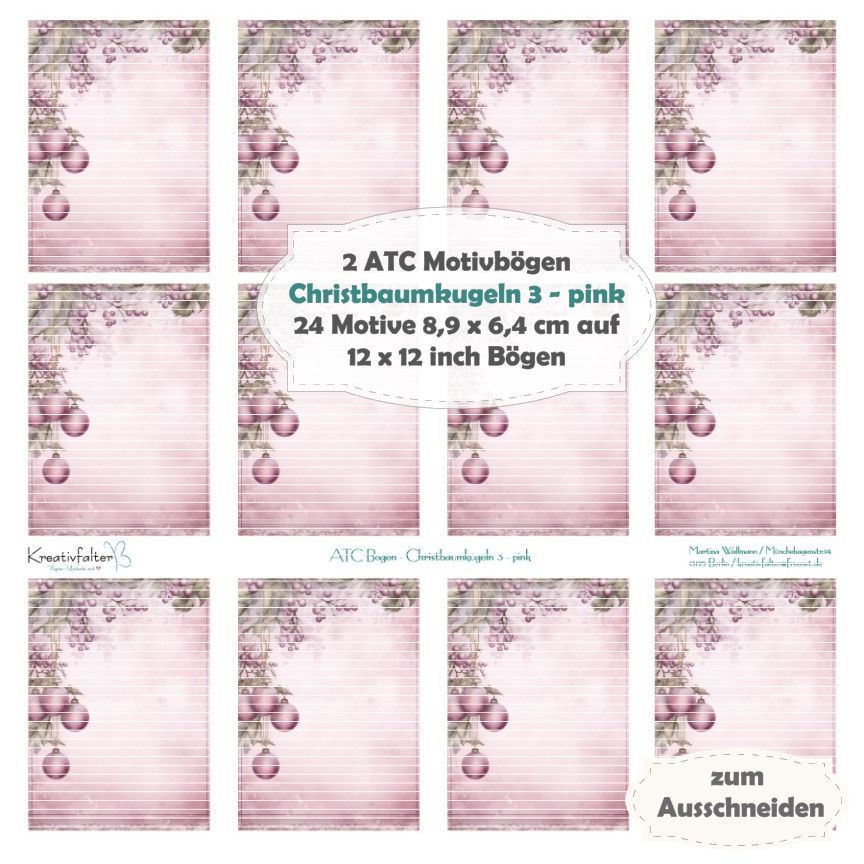 Christbaumkugeln 3 - zartrosa - 2 ATC Motivbögen - 12x12 Inch - 1 Seite mit 12 Motiven
