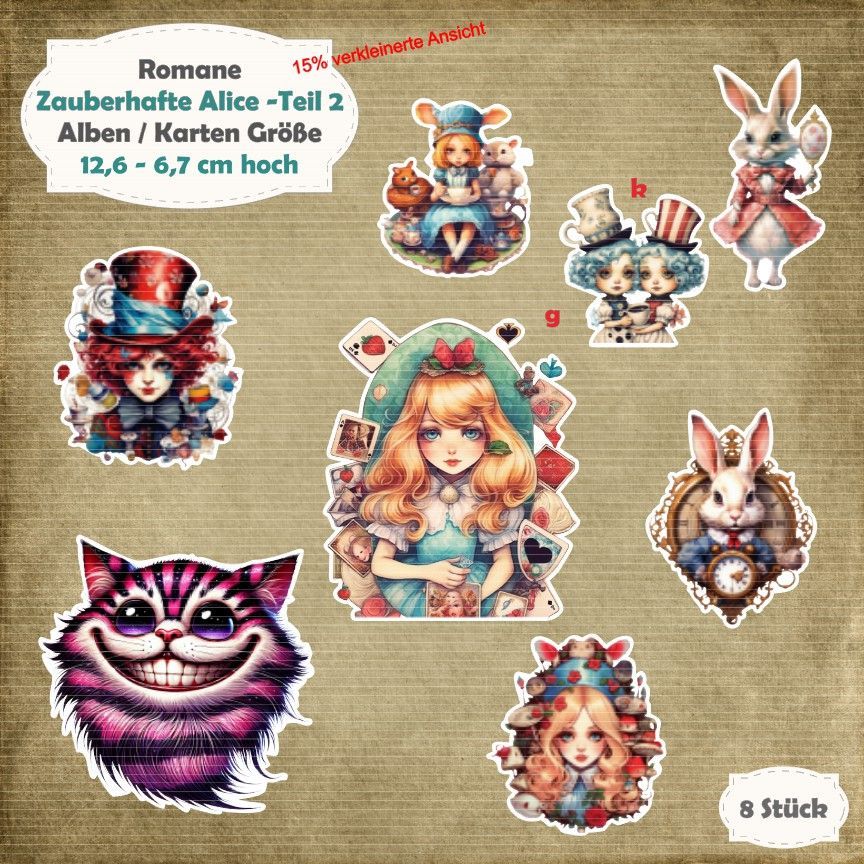 Zauberhafte Alice -Teil 2 - Alben / Karten /  ATC Größe - 8 Stanzteile - Die Cut