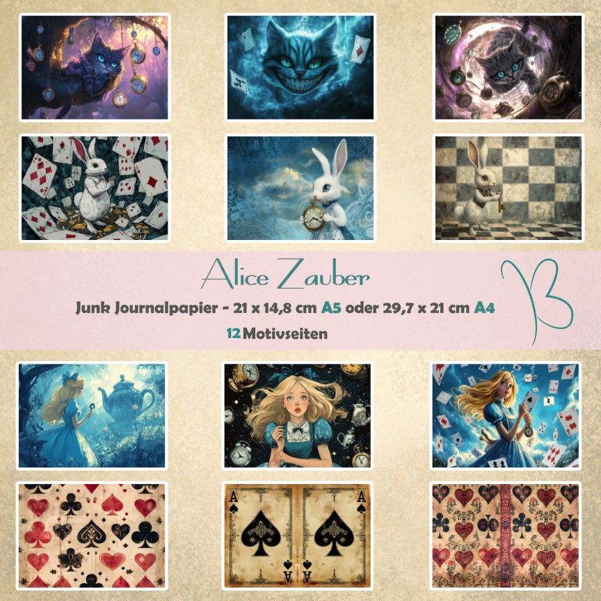 Alice Zauber - A4 oder A5 - Junk Journal Seiten - quer - 12 Seiten
